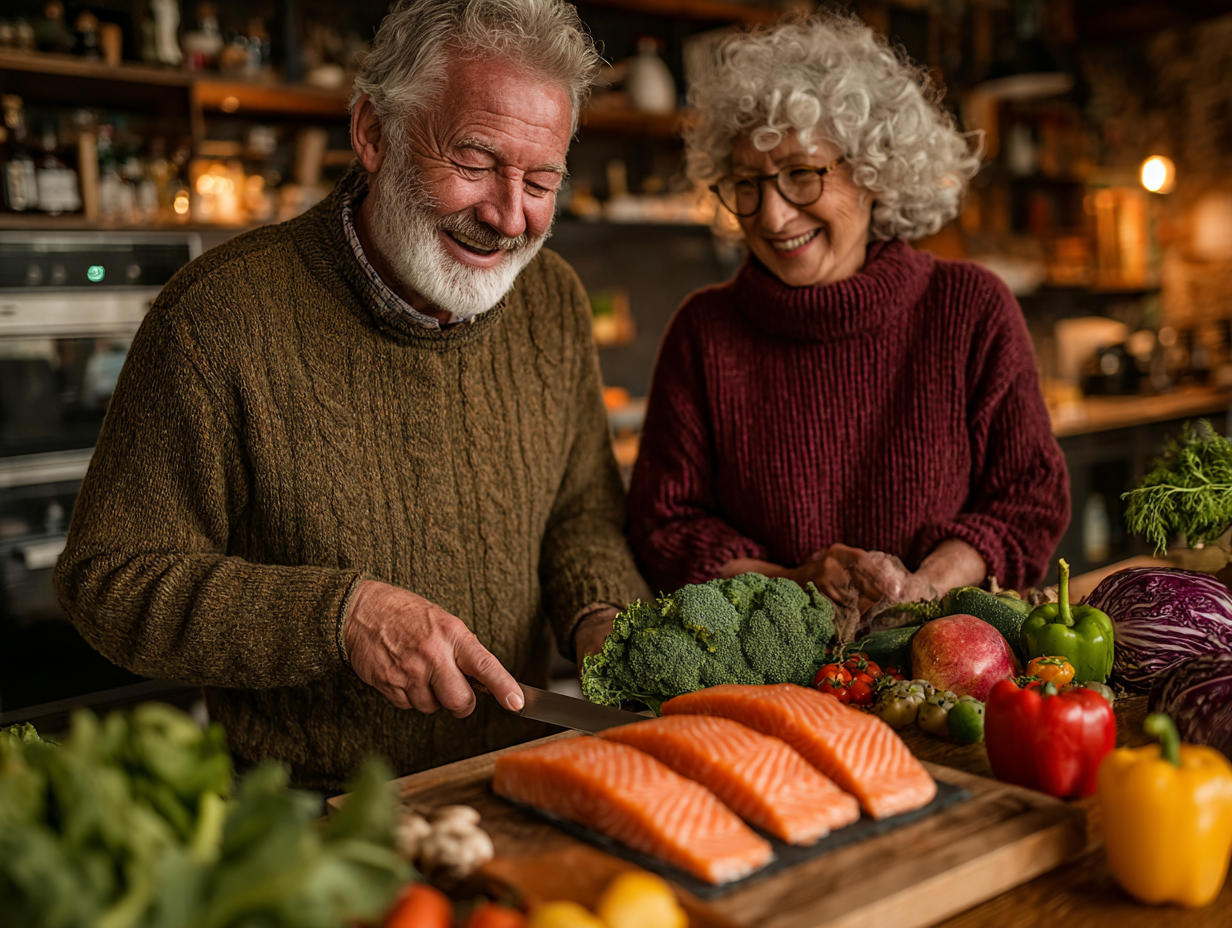 Щаслива пара старшого віку готує здорову їжу разом на кухні